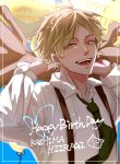  1boy akashi6_bd balloon blonde_hair blue_background border collared_shirt doodle_inset english_text given happy_birthday highres holding holding_clothes holding_jacket jacket kashima_hiiragi_(given) light light_particles long_sleeves looking_at_viewer male_focus open_mouth shirt short_hair smile solo teeth upper_body white_border white_shirt yellow_eyes 