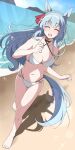  1girl alternate_costume animal_ears barefoot beach bikini black_choker blue_hair blue_sky blush braid choker closed_eyes commentary_request criss-cross_halter crown_braid ear_ornament feet full_body halterneck highres horse_ears horse_girl horse_tail lens_flare long_hair mejiro_ardan_(umamusume) navel nel-c open_mouth outdoors running sand shadow sky smile solo swimsuit tail umamusume very_long_hair water white_bikini 