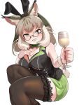  1girl absurdres alcohol animal_ears bare_shoulders bow bowtie bunny_garden cat_ears cat_girl cup drinking_glass extra_ears glasses green_eyes grey_hair highres jacket jungle_cat_(kemono_friends) kemono_friends kemono_friends_v_project long_hair looking_at_viewer mcgunngu parody rabbit_ears simple_background skirt sleeveless solo tail thighhighs virtual_youtuber wrist_cuffs 