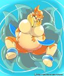 2024 7_tails animate_inanimate anthro belly big_belly big_breasts biped black_nose breasts closed_smile countershade_face countershade_torso countershading featureless_breasts female floating floatzel fuf generation_4_pokemon hand_on_belly hands_on_own_belly head_tuft hi_res high-angle_view inflatable living_inflatable living_pool_toy mouth_closed multi_tail multicolored_body neck_tuft nintendo nude orange_body pokemon pokemon_(species) pool_toy smile solo tail tan_body tuft two_tone_body water