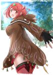  1girl bangs disguised_pyra_(xenoblade) earrings fingerless_gloves gloves highres jewelry pyra_(xenoblade) red_eyes red_hair red_shorts shikamax2 short_hair short_shorts shorts solo swept_bangs xenoblade_chronicles_(series) xenoblade_chronicles_2 
