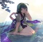  1girl ahoge alternate_hair_length alternate_hairstyle bangs beach blunt_bangs branch commentary dappled_sunlight floral_print gradient_kimono green_hair green_kimono hairband hand_in_hair highres japanese_clothes kimono light_particles looking_at_viewer obi open_mouth pea_pod sash shirinda_fureiru short_hair sitting_on_water smile solo sunlight tabi touhoku_zunko voiceroid water white_kimono yellow_eyes 