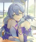  1girl :d absurdres aqua_eyes bare_shoulders choker commentary_request detached_sleeves gloves grey_hair hair_between_eyes head_tilt head_wings highres honkai:_star_rail honkai_(series) indoors long_hair looking_at_viewer oni_(pixiv_id_94951586) open_mouth purple_choker robin_(honkai:_star_rail) short_sleeves smile solo upper_body white_gloves wings 