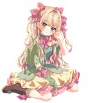  1girl antenna_hair blonde_hair blue_eyes blush boots bow bowtie brown_footwear commission detached_sleeves dress flower frills full_body green_dress hair_bow hair_flower hair_ornament indie_virtual_youtuber long_hair looking_at_viewer lupin_walker mamyouda multicolored_hair pink_bow pink_hair simple_background sitting skeb_commission solo streaked_hair two-tone_hair two_side_up wariza white_background 
