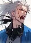  1boy blue_eyes fate/grand_order fate_(series) grey_hair hair_slicked_back haori haruakira highres japanese_clothes long_hair looking_to_the_side male_focus nagakura_shinpachi_(fate) open_mouth portrait scar scar_on_cheek scar_on_face shinsengumi shouting spiked_headband unworn_headband 