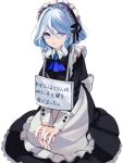  1girl :t absurdres alternate_costume apron ascot black_dress blue_ascot blue_eyes blue_hair brooch commentary_request dress enmaided frilled_apron frills furina_(genshin_impact) genshin_impact hair_between_eyes hair_intakes highres jewelry juliet_sleeves long_sleeves looking_at_viewer maid maid_headdress own_hands_together petticoat puffy_sleeves short_hair solo translation_request wafuu_tsunamayo white_apron 