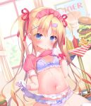  1girl :o american_flag apron bangs blonde_hair blue_eyes blush bow bow_bra bow_panties bra breasts burger clothes_lift collared_shirt commentary_request curtains eyebrows_visible_through_hair fast_food food french_fries frilled_apron frilled_bra frilled_panties frills gloves hair_between_eyes hair_ornament hair_ribbon hairclip hand_up heart heart_hair_ornament indoors lifted_by_self long_hair looking_at_viewer navel original panties parted_bangs parted_lips pink_shirt piyodera_mucha puffy_short_sleeves puffy_sleeves purple_bra purple_panties red_bow red_ribbon ribbon shirt shirt_lift short_sleeves small_breasts solo striped striped_shirt sweat table thighhighs twintails underwear vertical-striped_shirt vertical_stripes very_long_hair waist_apron white_apron white_gloves white_legwear window x_hair_ornament 
