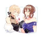  2girls black_dress black_gloves black_ribbon blonde_hair blue_dress blush brown_hair champagne_flute closed_eyes coll_(erichankun) commission cup dress drinking_glass girls&#039;_frontline gloves green_eyes hair_ribbon holding holding_cup long_hair looking_at_viewer multiple_girls official_alternate_costume one_eye_closed open_mouth ots-14_(girls&#039;_frontline) ots-14_(sangria_succulent)_(girls&#039;_frontline) parted_lips ribbon second-party_source simple_background springfield_(girls&#039;_frontline) springfield_(queen_in_radiance)_(girls&#039;_frontline) upper_body 