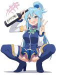  1girl aqua_(konosuba) arm_up ass bare_shoulders blue_eyes blue_hair blue_skirt blue_thighhighs blush boots bottle bow bowtie breasts commentary detached_sleeves drooling gem green_bow green_bowtie hair_between_eyes hair_ornament hair_rings hand_up high_heels holding holding_bottle kono_subarashii_sekai_ni_shukufuku_wo! large_breasts long_hair miniskirt open_mouth revision salpin simple_background skirt smile solo squatting thighhighs v white_background white_sleeves white_thighhighs 