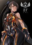  1girl black_background black_bodysuit black_gloves black_hair bodysuit breasts brown_eyes character_name commentary_request dangle_earrings earrings edoara eve_(stellar_blade) fingerless_gloves gloves hair_ornament highres impossible_bodysuit impossible_clothes jewelry long_hair looking_at_viewer medium_breasts orange_bodysuit planet_diving_suit_(7th)_v2_(stellar_blade) ponytail skin_tight solo stellar_blade very_long_hair 