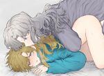  2girls all_fours blonde_hair blue_eyes blue_shirt blush bottomless flirting from_side frottage futanari grey_hair grey_shirt highres hug hug_from_behind kiss licking licking_ear long_sleeves looking_at_another multiple_girls nishiyos on_bed profile purple_eyes reverse:1999 shirt steam_from_mouth tongue tongue_out turning_head vila_(reverse:1999) white_hair windsong_(reverse:1999) yuri 