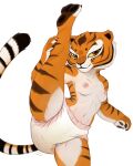 anthro areola bodily_fluids breasts clothed clothing diaper diaper_only dreamworks feces felid female fur genital_fluids hi_res kung_fu_panda looking_at_viewer mammal master_tigress messyszop nipples orange_body orange_eyes orange_fur pantherine pawpads raised_leg soiling solo tiger topless urine wetting yellow_sclera yoga