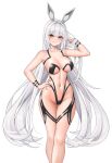  1girl alternate_costume animal_ears blanc_(nikke) breasts collarbone commentary fake_animal_ears goddess_of_victory:_nikke grey_hair hand_on_own_hip highres large_breasts long_hair looking_at_viewer navel simple_background smile solo standing thighs very_long_hair wei_xiao white_background yellow_eyes 