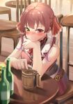  1girl absurdres alcohol bare_shoulders blush chair drink eyebrows_visible_through_hair green_eyes hair_between_eyes hair_ribbon hand_on_own_cheek hand_on_own_face hand_on_table heterochromia highres hololive houshou_marine hp2 long_hair looking_at_viewer no_eyepatch red_eyes red_hair ribbon sitting solo table twintails virtual_youtuber yellow_eyes 