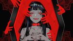  1girl bangs bare_shoulders black_nails collar collarbone commentary disembodied_limb eye_(vocaloid) fingernails hands_clasped highres interlocked_fingers lam_(ramdayo) long_hair looking_at_viewer nail_polish official_art open_mouth original own_hands_together red_collar red_eyes red_theme solo_focus teeth tongue vocaloid 