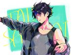  1boy black_hair black_jacket blue_headband copyright_name grey_shirt headband jacket jacket_partially_removed male_focus minamino_tetsuo shirt sleeveless sleeveless_shirt solo taiso_samurai twitter_username upper_body yori_(cookiyoriyo) 