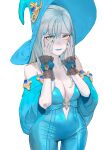  1girl absurdres bare_shoulders blue_bow blue_lips blue_nails blush bow breasts cleavage collarbone embarrassed grey_hair hands_on_own_face hat highres long_hair medium_breasts off_shoulder ori_dal original pale_skin solo wide_hips witch_hat wrist_bow wrist_cuffs yellow_eyes 