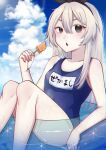  1girl absurdres alternate_costume black_hairband blonde_hair blue_sky blue_swimsuit breasts cloud day food grey_eyes hairband highres holding holding_food huge_filesize iwori_1412 kantai_collection long_hair name_tag one-piece_swimsuit outdoors popsicle school_swimsuit shimakaze_(kancolle) sky small_breasts solo swimsuit 