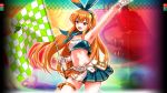  1girl arm_up armpits bare_shoulders beatmania_iidx breasts cleavage flag goli_matsumoto hair_between_eyes hair_ornament holding holding_flag large_breasts long_hair non-web_source official_art open_mouth orange_eyes orange_hair rabbit_hair_ornament sidelocks skirt smile solo teeth thighs umegiri_iroha upper_teeth_only very_long_hair 