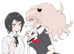  2girls :q bear_hair_ornament black_choker black_ribbon black_shirt blonde_hair blush bow breasts choker cleavage collared_shirt danganronpa:_trigger_happy_havoc danganronpa_(series) enoshima_junko eye_contact forehead_writing grey_eyes hair_ornament highres holding holding_pen hy_(fjvlg) ikusaba_mukuro large_breasts looking_at_another multiple_girls nail_polish neck_ribbon pen red_bow red_nails ribbon shirt short_sleeves siblings sisters teeth tic-tac-toe tongue tongue_out twintails upper_body white_shirt 