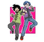  2boys artist_name black_eyes black_hair black_pants black_shirt blue_eyes blue_hair blue_pants chinese_clothes clenched_hand clenched_hands denim dragon_ball dragon_ball_super dragon_ball_super_super_hero fenyon full_body green_jacket highres jacket male_focus multiple_boys open_mouth pants parted_lips pink_background purple_shirt purple_vest red_footwear shirt shoes smile son_goten teeth thumbs_up tongue trunks_(dragon_ball) vest 