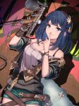  1girl absurdres black_hair blue_eyes breasts cleavage commentary_request ear_piercing finger_to_mouth gloves graffiti granblue_fantasy hairband highres illnott large_breasts paint_gun piercing ribbed_shirt shirt shorts shushing single_glove umiboozu_(uminoyoukai) 
