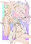  3girls absurdres angel_wings animal_ear_fluff animal_ears bare_arms bare_legs bare_shoulders barefoot bikini blonde_hair blue_archive blush breasts brown_eyes cleavage closed_mouth collarbone extra_ears feathered_wings flower fox_ears gold_bikini groin hair_bun hair_flower hair_ornament halo highres large_breasts light_brown_hair long_hair medium_breasts mika_(blue_archive) multiple_girls naga-agan nagisa_(blue_archive) navel pink_flower pink_hair pink_halo seia_(blue_archive) single_side_bun small_breasts swimsuit tea_party_(blue_archive) white_flower white_wings wings yellow_halo 