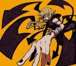  1girl absurdres arm_tattoo arrow_(projectile) black_hoodie black_nails blonde_hair front_ponytail highres hood hoodie kekel medusa_gorgon orange_background sleeveless sleeveless_hoodie slit_pupils smirk snake_armband snake_tattoo solo soul_eater tattoo witch yellow_eyes 