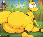  2024 absurd_res accipitriform angry anthro anthro_focus avian big_butt bird black_body black_eyes black_hair black_scales black_stripes blonde_hair bottom_heavy breasts butt claws dialogue dinosaur english_text female female_focus grass grin hair hi_res huge_butt huge_thighs looking_at_another lying miso_souperstar nude on_side open_mouth outside plant reptile scales scalie side_boob smile smirk solo_focus speech_bubble striped_body striped_scales stripes text thick_thighs toe_claws vulture yelling yellow_body yellow_claws yellow_scales zniw zniw_adventure 