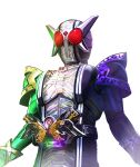  1boy armor belt black_armor double_driver gaia_memory green_armor helmet kamen_rider kamen_rider_double kamen_rider_double_(cyclonejokerxtreme) kamen_rider_w male_focus masukudo_(hamamoto_hikaru) red_eyes rider_belt solo tokusatsu upper_body white_armor 