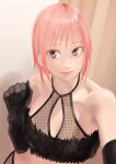  1girl bare_shoulders black_gloves breasts brown_eyes closed_mouth elbow_gloves fur_bra gloves hand_up highres kilye_kairi large_breasts looking_at_viewer original pink_hair short_hair smile solo upper_body 