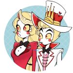  1boy 1girl blonde_hair charlie_morningstar colored_sclera father_and_daughter formal hat hazbin_hotel height_difference highres long_hair looking_ahead lucifer_morningstar_(hazbin_hotel) o3o red_eyes short_hair suit upper_body yellow_sclera zumin 