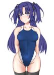  1girl absurdres arms_behind_back ass_visible_through_thighs black_legwear blue_archive blue_eyes blue_hair blue_swimsuit collarbone competition_swimsuit cowboy_shot groin hair_ribbon hibika highleg highleg_swimsuit highres long_hair looking_at_viewer one-piece_swimsuit ribbon simple_background solo standing swimsuit thighhighs two_side_up white_background yuuka_(blue_archive) 