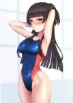  1girl absurdres arms_behind_head bangs black_hair blue_swimsuit blunt_bangs breasts collarbone commentary_request covered_navel groin hibika highleg highleg_swimsuit highres idolmaster idolmaster_shiny_colors long_hair mayuzumi_fuyuko medium_breasts red_eyes solo swimsuit two-tone_swimsuit two_side_up white_background 