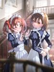  2girls ;p alternate_costume apron black_dress blurry blurry_foreground brown_eyes brown_hair commentary dress enmaided highres indoors juliet_sleeves long_hair long_sleeves looking_at_viewer looking_back maid maid_apron maid_day maid_headdress medium_hair misaka_mikoto multiple_girls one_eye_closed puffy_sleeves stairs stuffed_toy symbol-only_commentary toaru_kagaku_no_railgun toaru_majutsu_no_index tongue tongue_out twintails tying_apron white_apron yonabe 