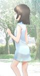  1girl black_eyes black_hair blue_dress commentary_request day dress endoll flat_chest highres original outdoors panties profile see-through short_dress short_hair solo sunlight tree underwear white_panties 