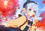  1girl ahoge animal_hat autumn autumn_leaves backpack bag black_bow black_hat black_skirt blue_eyes blue_hair blue_sky blush bow bowtie braid cat_hat character_hair_ornament closed_mouth commission hair_ornament hand_up hat holding holding_leaf indie_virtual_youtuber leaf looking_at_viewer mamyouda maple_leaf outdoors sailor_collar skeb_commission skirt sky solo striped_bow sweater uriri_(vtuber) virtual_youtuber white_sailor_collar yellow_bow yellow_sweater 
