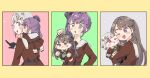  3girls :o ;d anger_vein aqua_neckerchief black_gloves blush_stickers bob_cut border brown_dress brown_hair carrying carrying_person chibi closed_mouth colored_inner_hair commentary diagonal_bangs dress flower frown fujishima_megumi gloves green_eyes grey_hair hair_bun hair_flower hair_ornament half_gloves hasu_no_sora_school_uniform holding holding_chibi hug inverted_bob link!_like!_love_live! long_hair long_sleeves love_live! medium_dress moso_(expect66) multicolored_hair multiple_girls neckerchief notice_lines one_eye_closed open_mouth otomune_kozue pleated_dress purple_eyes purple_hair red_eyes red_flower red_hair sailor_collar sailor_dress school_uniform short_hair side_ponytail sidelocks sideways_mouth single_side_bun smile star_(symbol) star_hair_ornament streaked_hair two_side_up v-shaped_eyebrows virtual_youtuber white_sailor_collar winter_uniform yellow_border yugiri_tsuzuri 