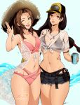  2girls aerith_gainsborough aerith_gainsborough_(sunny_robe) arm_around_waist bikini bikini_under_clothes black_bikini black_hair brown_hair can commentary crop_top drink_can eightyfourart english_commentary final_fantasy final_fantasy_vii final_fantasy_vii_ever_crisis frayed_skirt front-tie_top green_eyes hat highres long_hair low-tied_long_hair multiple_girls navel official_alternate_costume pink_bikini red_eyes see-through see-through_shirt shirt smile soda_can swimsuit tifa_lockhart tifa_lockhart_(lifeguard) wet wet_clothes wet_shirt whistle whistle_around_neck 