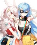  2girls animal_ears armlet blue_eyes blue_hair bracelet breasts buckle carrot_charm cleavage eyepatch fingernails hair_ornament heart heart-shaped_buckle heart_hair_ornament highres holding holding_pen jewelry long_hair looking_at_viewer multiple_girls original pen rabbit_ears rabbit_hair_ornament red_eyes ribbed_shirt shirt smile thigh_strap very_long_hair white_background white_shirt xing_(gloryxing) 