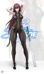 1girl absurdres armpits ass_visible_through_thighs azura_anblue black_footwear bodystocking breasts brown_eyes brown_hair copyright_name eve_(stellar_blade) full_body hands_in_own_hair highres korean_text logo long_legs looking_at_viewer medium_breasts smile solo stellar_blade sword weapon zoom_layer 