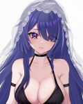  1girl acheron_(honkai:_star_rail) arm_strap armpit_crease bare_shoulders black_choker breasts choker cleavage collarbone commentary criss-cross_halter diamond-shaped_pupils diamond_(shape) dress earrings english_commentary eyes_visible_through_hair hair_between_eyes hair_over_one_eye halterneck highres honkai:_star_rail honkai_(series) jewelry large_breasts long_hair looking_at_viewer multicolored_hair parted_lips purple_eyes purple_hair see-through_veil simple_background sleeveless sleeveless_dress solo streaked_hair sweat symbol-shaped_pupils upper_body white_background white_veil zxcsque 