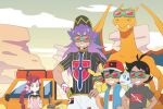  1girl 3boys antenna_hair ash_ketchum bangs baseball_cap black_hair blue_jacket braid braided_ponytail champion_uniform charizard chloe_(pokemon) cloud dark-skinned_male dark_skin day dododo_dadada dynamax_band eevee facial_hair fangs fangs_out flower gen_1_pokemon gen_8_pokemon gloves go-goggles goh_(pokemon) green_eyes grey_shirt grin hair_flower hair_ornament hands_on_hips hat holding jacket leon_(pokemon) long_hair multiple_boys outdoors pikachu pink_flower pink_shirt pokemon pokemon_(anime) pokemon_(creature) pokemon_swsh_(anime) purple_hair red_headwear shield_print shirt short_hair short_sleeves shorts single_glove sky sleeveless sleeveless_jacket smile sobble sword_print symbol-only_commentary t-shirt teeth white_shirt white_shorts 