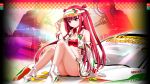  1girl ass bare_shoulders beatmania_iidx breasts car cleavage goli_matsumoto hair_ornament long_hair motor_vehicle non-web_source official_art on_vehicle pink_eyes pink_hair sidelocks skirt small_breasts smile solo teeth umegiri_ameto upper_teeth_only white_skirt 