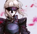  1girl armor artoria_pendragon_(fate) bangs blurry blurry_background facing_viewer fate/stay_night fate_(series) floating_hair grey_background highres medium_hair no_mae_(mikakatachi) parted_lips saber_alter silver_hair solo upper_body 
