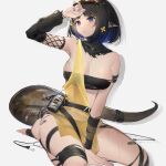  1girl absurdres arknights bandaid bandaid_on_leg black_hair blue_eyes breasts cleavage eunectes_(arknights) goggles goggles_on_head highres large_breasts purple_nails sitting snake_tail sweat tail wariza wiping_forehead xtears_kitsune 
