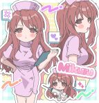  1girl anger_vein asahina_mikuru blush_stickers breasts brown_eyes brown_hair character_name chibi clipboard closed_mouth dress hand_on_own_hip hat heart highres holding holding_clipboard holding_syringe large_breasts long_hair looking_at_viewer multiple_views nanonome nurse nurse_cap official_alternate_costume pink_hat purple_dress spoken_anger_vein spoken_heart spoken_sparkle standing suzumiya_haruhi_no_yuuutsu syringe 