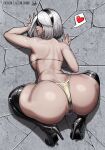  1girl 2b_(nier:automata) aelion_draws all_fours ass backboob bikini black_blindfold black_hairband blindfold boots breasts english_commentary from_above gold_bikini hairband heart highres large_breasts mole mole_under_mouth nier_(series) partially_visible_vulva short_hair smile solo spoken_heart swimsuit thigh_boots white_hair 