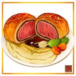  artist_logo beef beef_wellington food food_focus garnish highres meat no_humans original plate potato_puree sauce vegetable white_background yuki00yo 