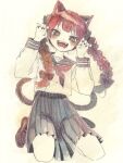  1girl :d alternate_costume animal_ears black_skirt braid cat_ears cat_girl cat_tail commentary_request fangs full_body hands_up highres kaenbyou_rin loafers long_hair long_sleeves looking_at_viewer multiple_tails neckerchief paw_pose red_eyes red_hair red_neckerchief sasa6666s school_uniform seiza serafuku shirt shoes sitting skirt smile solo tail touhou twin_braids two_tails white_shirt 